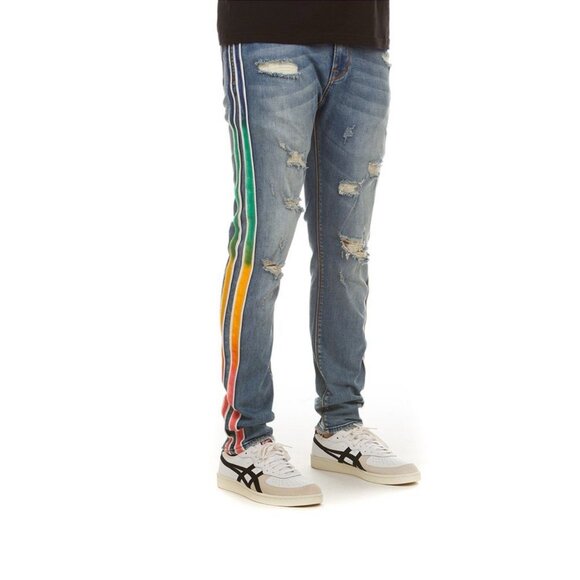 AKOO Men’s 36 Distressed Skulk Fit Nature Jean Hill Stripe Rainbow Stretch Jeans - Picture 1 of 12
